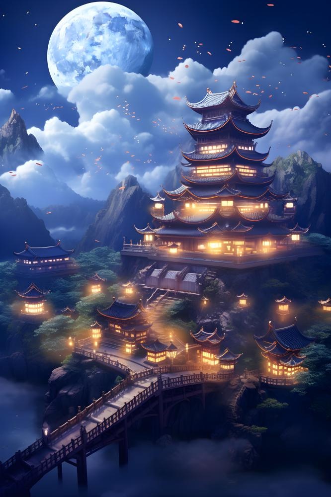 国风蓝色夜晚建筑典雅背景