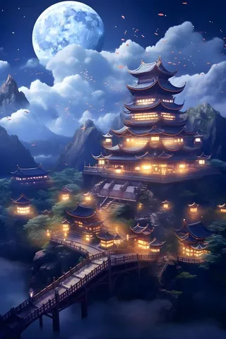 国风蓝色夜晚建筑典雅背景