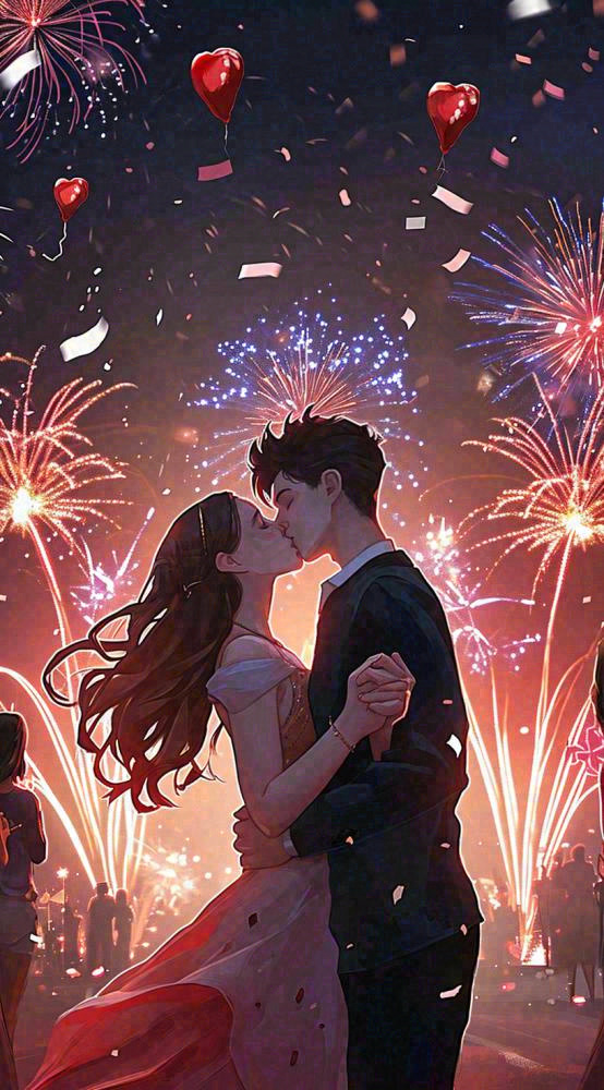 浪漫情人节爱心爱情夜晚烟花，跳舞插画(816x1472)