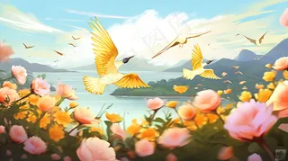 湖边花丛飞舞的小鸟山川湖泊插画