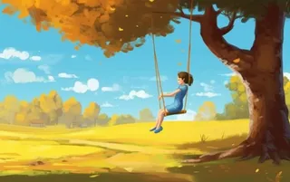 秋天落叶荡秋千的女孩公园插画背景