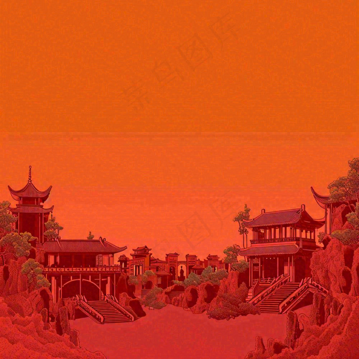 红色渐变国风建筑剪影，中国风简约(1024x1024)