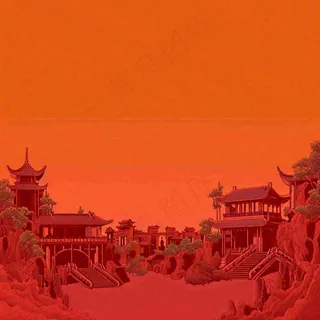 红色渐变国风建筑剪影，中国风简约
