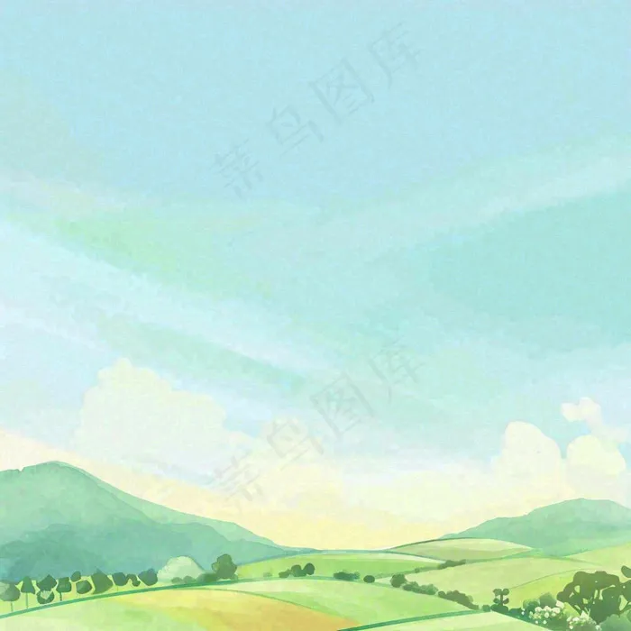 春天清新山脉田间草地绿植手绘插画(1024x1024)