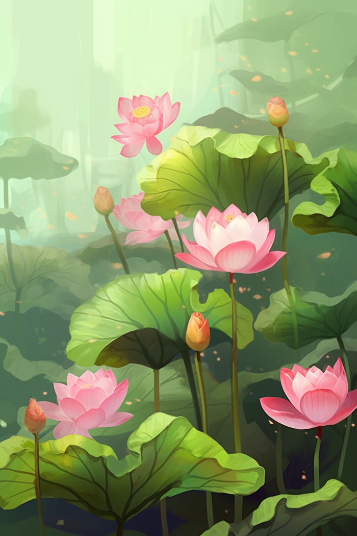 夏日荷花莲花荷叶池里盛开的花卡通插画素材绿色背景