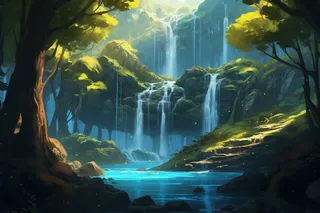 森林瀑布河流场景插画背景