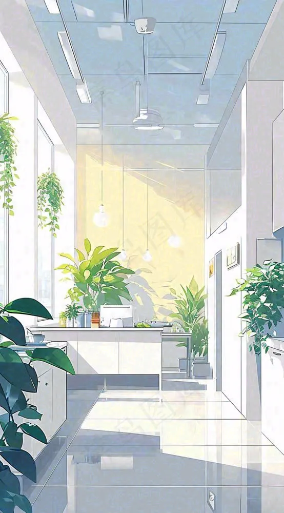 夏天明媚的阳光洒进办公室绿色的植物在办公室走廊上，线性插画手绘(816x1472)