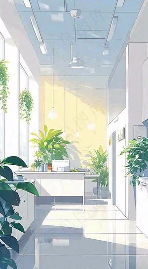 夏天明媚的阳光洒进办公室绿色的植物在办公室走廊上，线性插画手绘