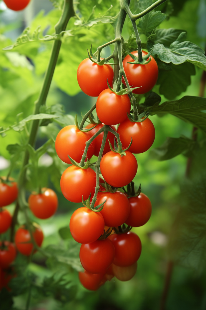 a close up of a bunch of tomatoes on a plant, a digital rendering by Julian Hatton, pixabay, bauhaus, tomatoes hanging on branches, tomatoes, forest gump tomato body (2688x4032)