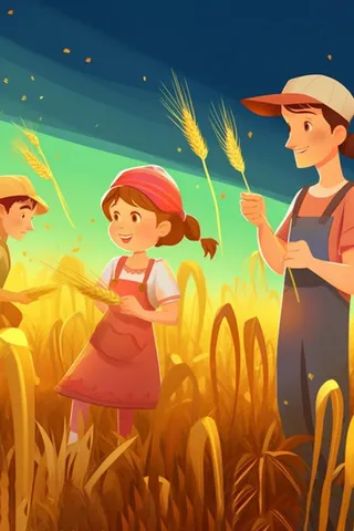 秋季丰收拿着麦穗的人金色插画背景