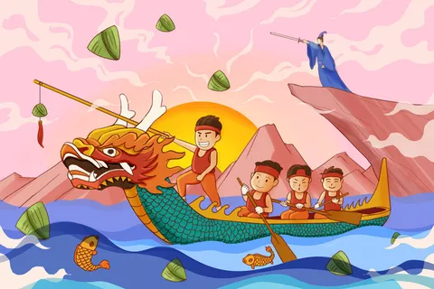 国潮风中国传统节日端午节赛龙舟粽子场景插画海报PSD设计素材