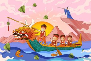 国潮风中国传统节日端午节赛龙舟粽子场景插画海报PSD设计素材