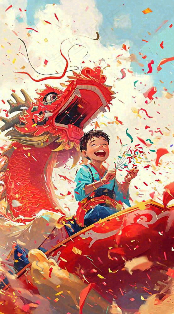 祥龙喜庆欢乐节日，蓝天白云儿童手绘插画