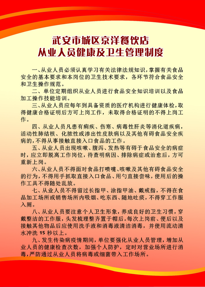 饭店从业人员制度牌50X70psd模版下载