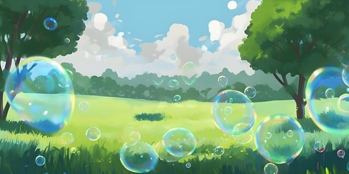 蓝天白云彩色泡泡彩虹草原树林风景插画背景(6144x3072)