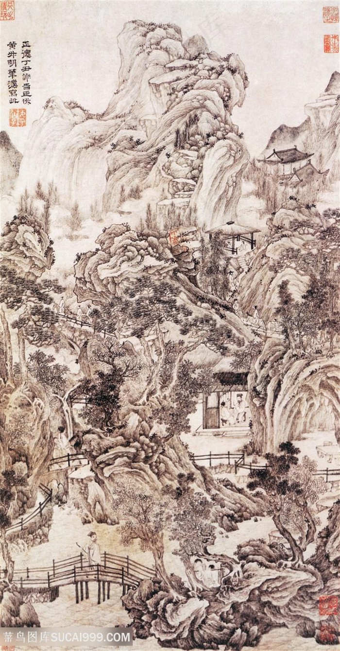中国风界画仿黄鹤山樵山水图