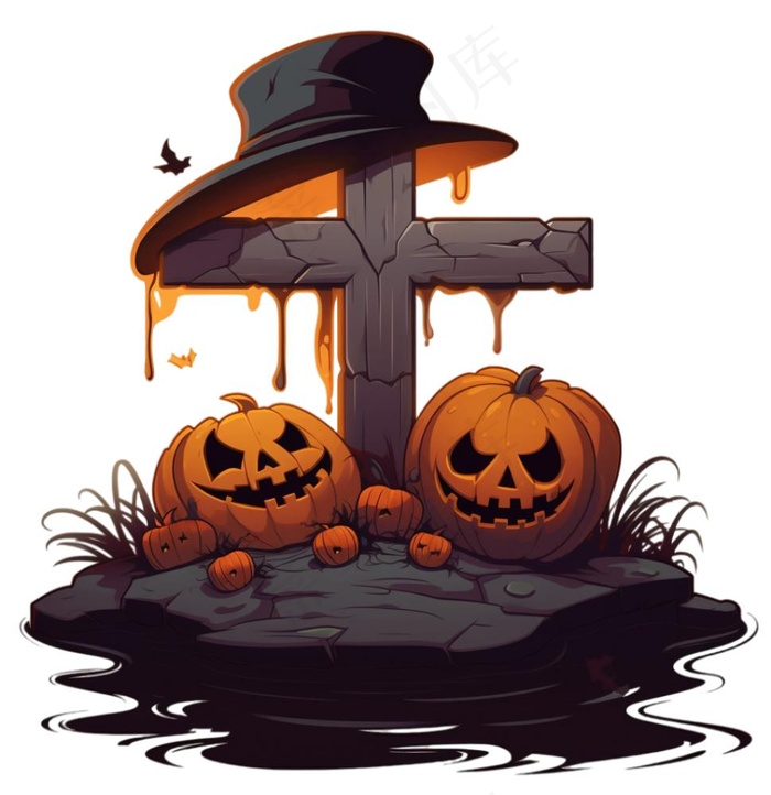 十字架坟墓南瓜怪物蝙蝠恐怖卡通插画免抠