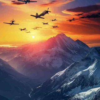 落日下的连绵山脉，飞机战斗机，冰川云海