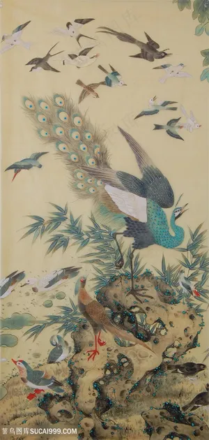 中式孔雀飞鸟插画装饰画 中式孔雀飞鸟插画装饰画