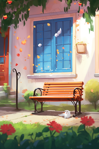 门前长椅花园卡通手绘插画背景