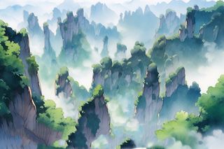 张家界风景水彩群山远景翠绿色插画