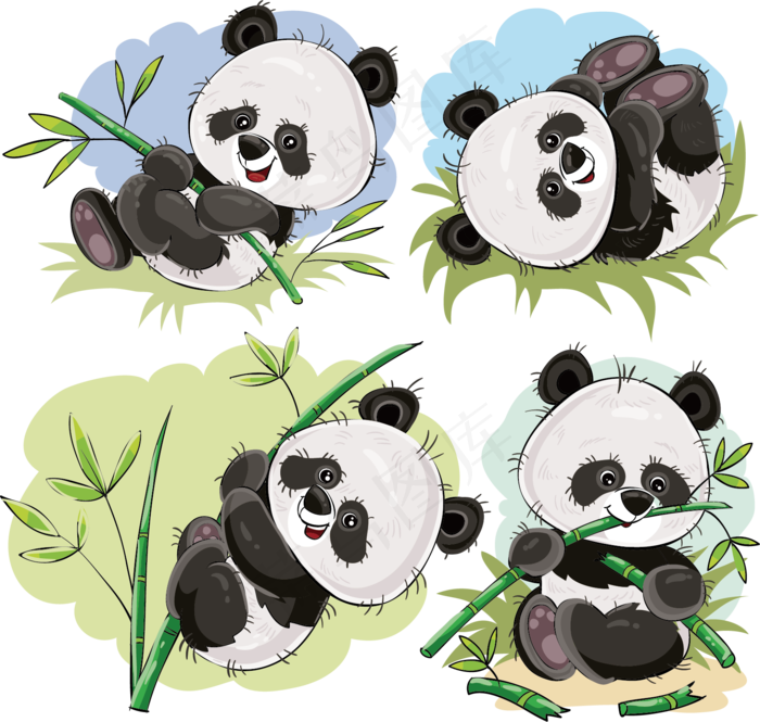 矢量手绘四个大熊猫