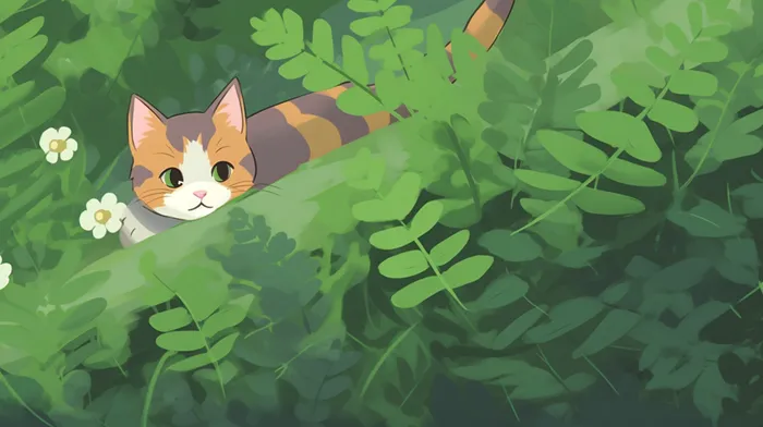绿色草丛树叶里猫咪卡通插画(x)