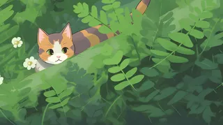 绿色草丛树叶里猫咪卡通插画