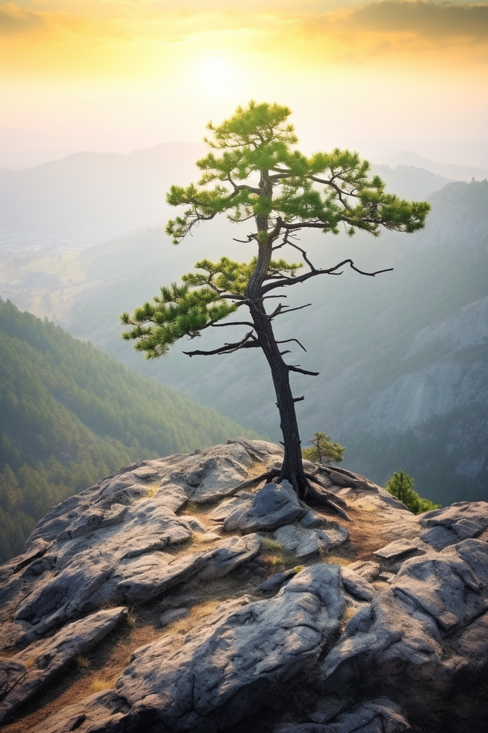 高山悬崖上的松树摄影图