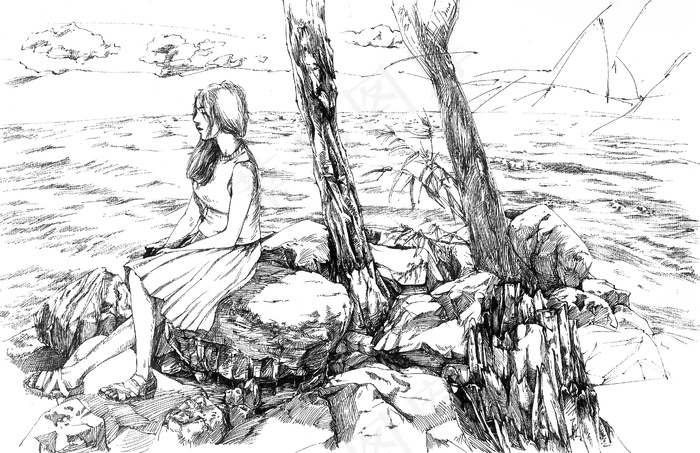 素描画人物女孩图片