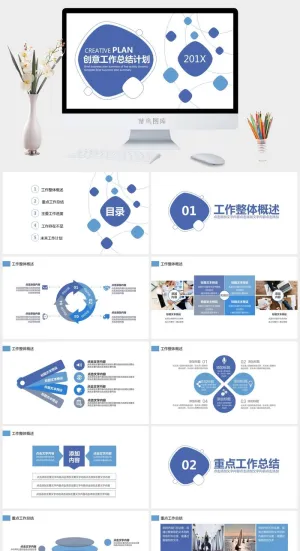不规则几何图形线条创意商务蓝工作总结报告ppt模板预览图