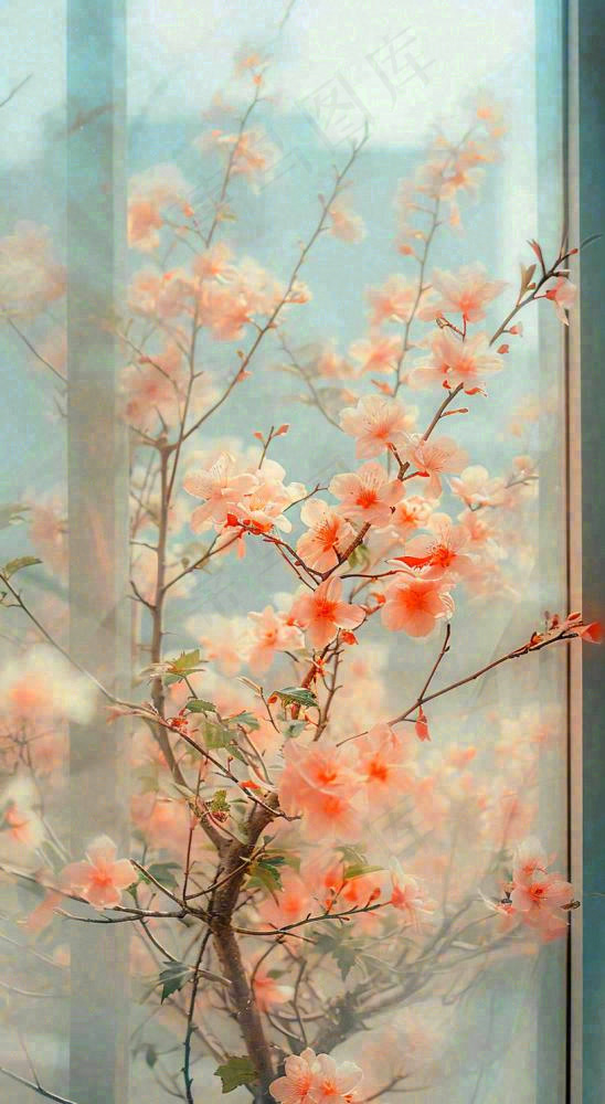 春天窗台橙色渐变鲜花，朦胧枝叶，春节立春(816x1488)