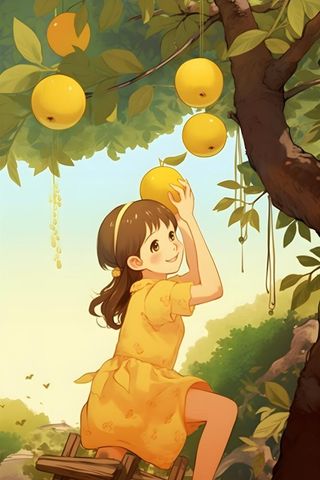 丰收可爱女孩水果金黄色插画背景