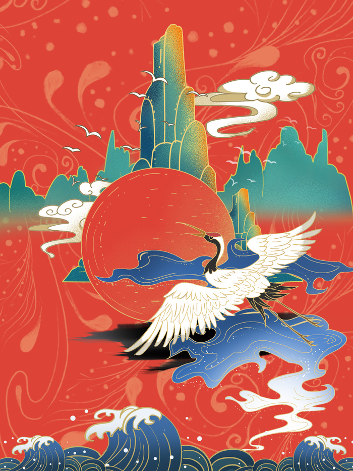 国潮仙鹤太阳波浪山川祥云红色背景中国风背景