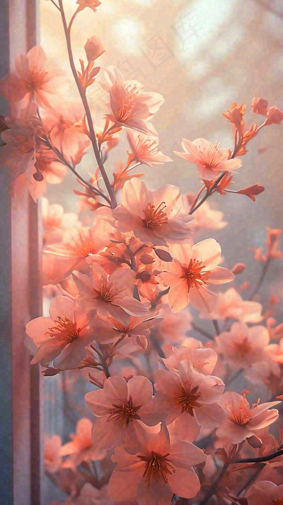 初春窗户边的粉色樱花花朵，温馨阳光，立春惊蛰春分(816x1455)