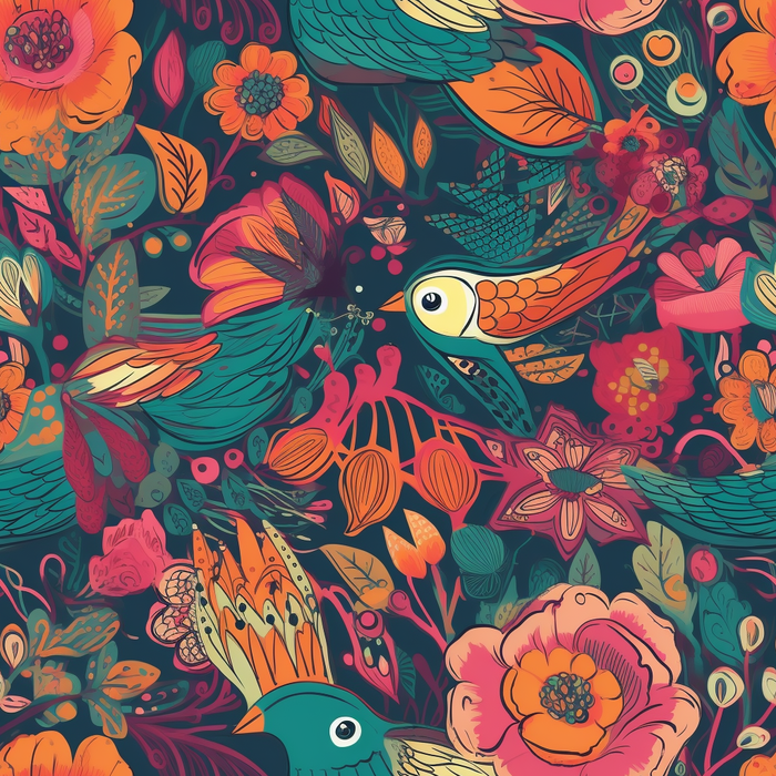 花鸟图，插画风格，无缝贴图，素材