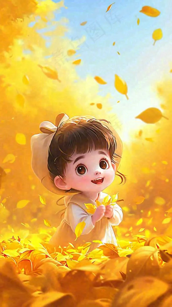 秋天温馨秋叶可爱少女插画，秋分小麦(816x1456)