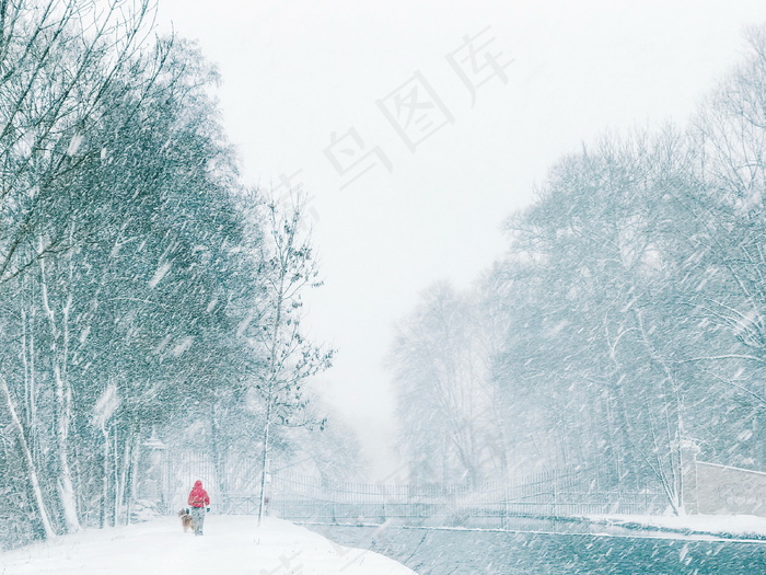 人与狗狗雪中风景画