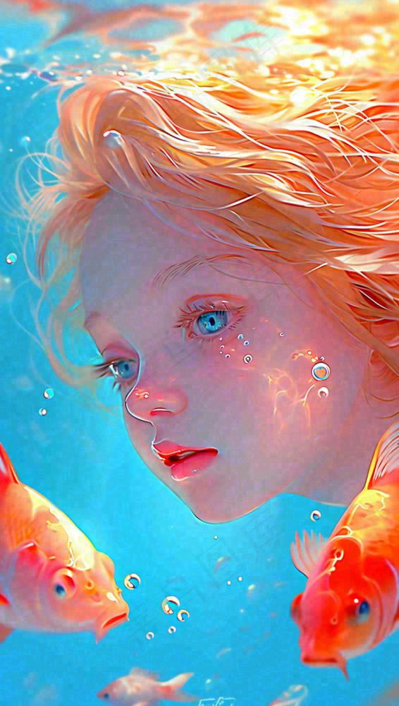 海底世界金鱼鱼类和小女孩人物游泳(816x1440)