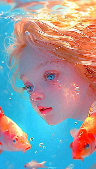 海底世界金鱼鱼类和小女孩人物游泳