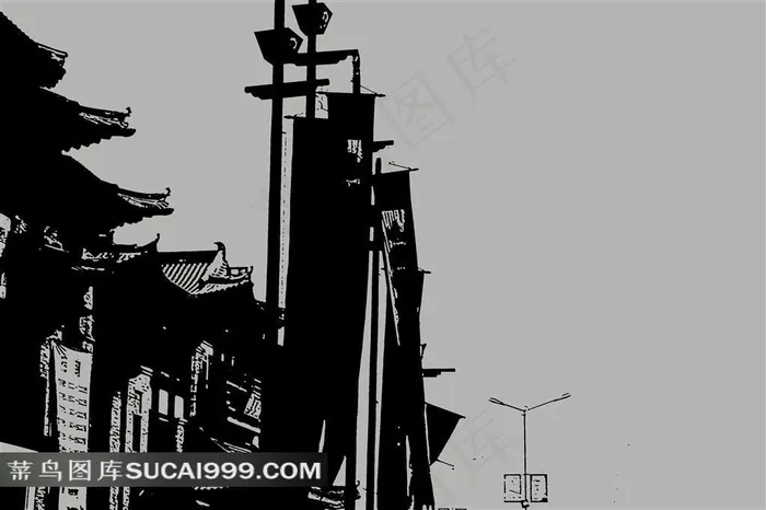 古建筑和门前旗帜
