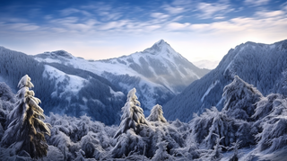 冬季山顶山谷树枝上铺满了白雪雪景摄影图