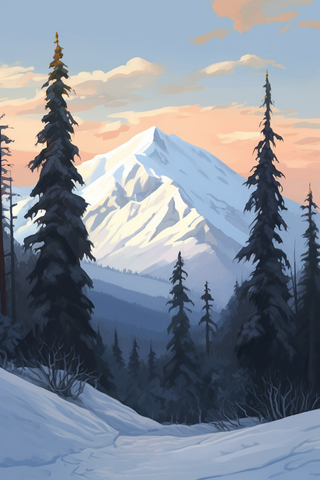 冬天山里森林的雪景卡通插画