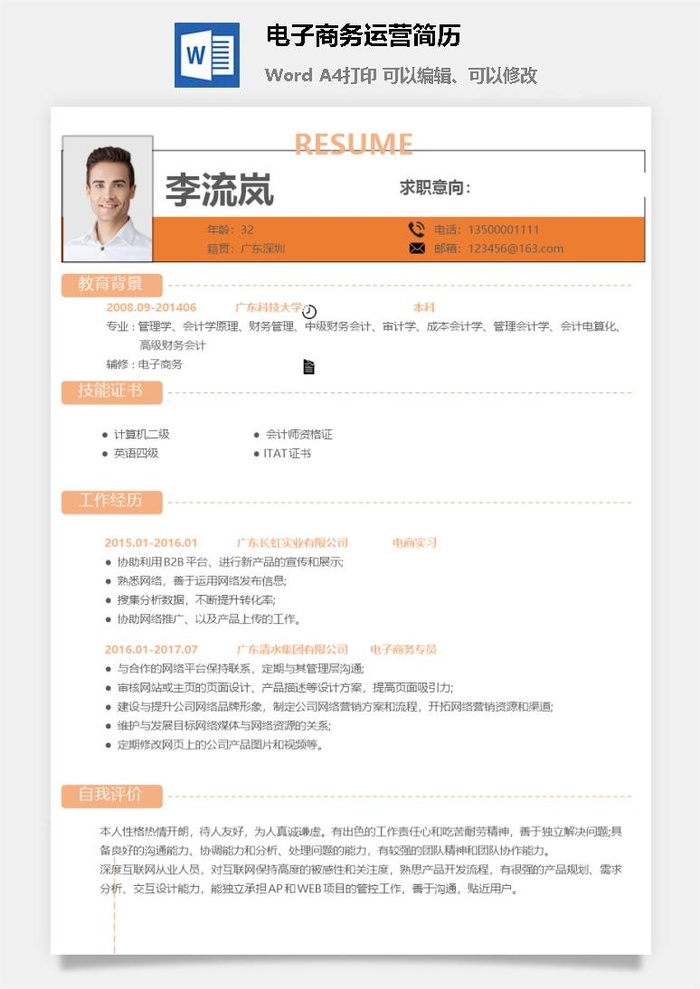 电子商务运营简历