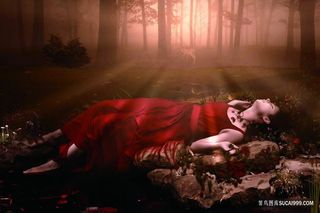 躺在地上的红衣美女风景画油画