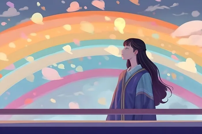 天空彩虹白云毕业的女孩插画背景