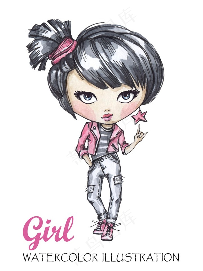 水彩手绘戴着耳麦听音乐的时尚女孩高清图片