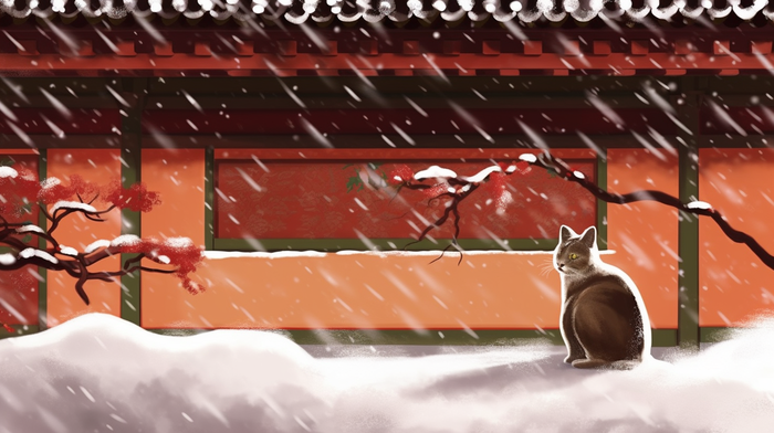 冬天故宫红墙梅花雪景地上坐着一直猫咪卡通插画(4368x2448)