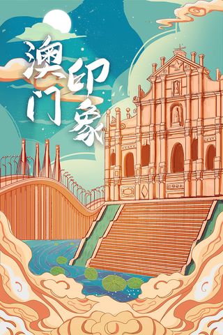 中国风国潮古建筑地标城市古风建筑阁楼印象地标手绘插画PSD素材