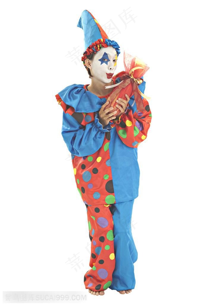 游乐园广告元素 撅着嘴拿着礼物的小丑表演